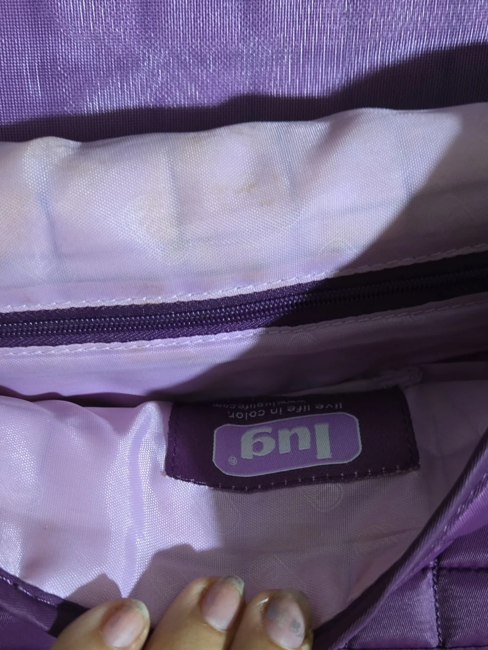 LUG Moped Day Pack Compass Crossbody Bag Messenger Quilted Purple Pockets Logo